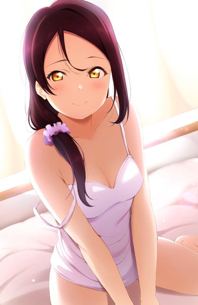 Anime picture 1330x2048 with love live! sunshine!! sunrise (studio) love live! sakurauchi riko reno 0901 single long hair tall image looking at viewer blush breasts light erotic smile sitting bare shoulders yellow eyes payot cleavage red hair indoors