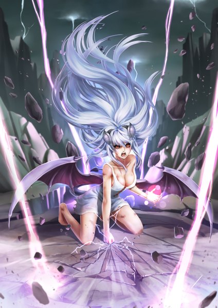 Anime picture 3616x5115 with monster girl encyclopedia lilim (monster girl encyclopedia) maritan (artist) single long hair tall image highres breasts open mouth light erotic red eyes bare shoulders absurdres silver hair tail horn (horns) kneeling demon girl demon tail demon wings