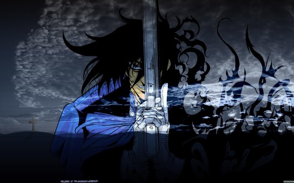Anime picture 2560x1600 with hellsing alucard (hellsing) long hair highres blue eyes black hair wide image boy gun cross