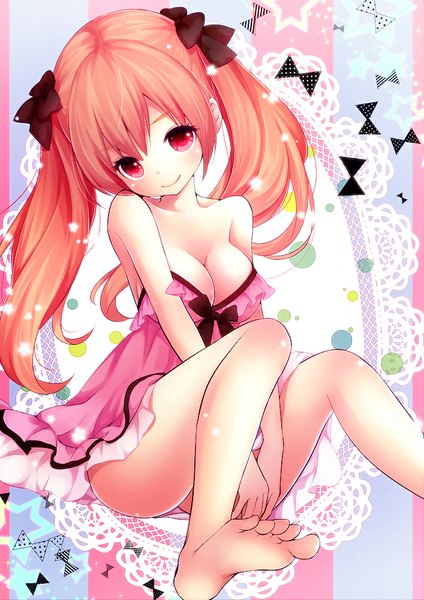 Anime picture 707x1000 with original mintsu (ichi--kun) single long hair tall image looking at viewer blush breasts light erotic smile red eyes sitting twintails bare shoulders cleavage red hair barefoot girl bow hair bow