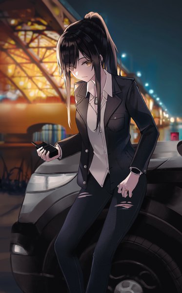 Anime picture 2543x4096 with original sion (im10042m) single long hair tall image looking at viewer fringe highres black hair standing holding yellow eyes payot outdoors ponytail long sleeves blurry hair over one eye night open jacket