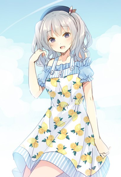 Anime picture 1000x1468 with kantai collection kashima training cruiser bekotarou single long hair tall image looking at viewer blush open mouth twintails purple eyes bare shoulders sky silver hair alternate costume summer food print lemon print girl beret