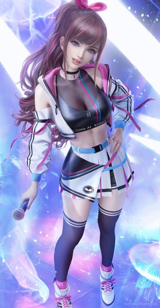 Anime-Bild 3900x7500 mit a.i. channel kizuna ai wickellia single long hair tall image looking at viewer fringe highres breasts blue eyes light erotic large breasts standing holding signed payot absurdres full body ponytail
