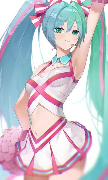 Anime picture 2456x4093 with vocaloid hatsune miku bisco (bisco art) single long hair tall image looking at viewer blush fringe highres breasts simple background smile hair between eyes standing twintails bare shoulders holding green eyes payot