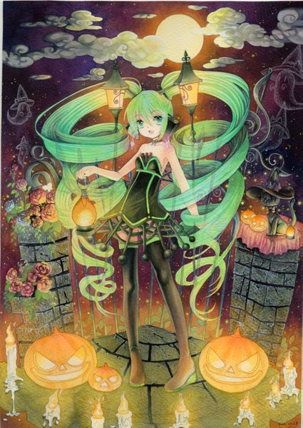 Anime picture 1063x1500 with vocaloid hatsune miku lamp miku mosho single tall image open mouth twintails green eyes signed sky cloud (clouds) very long hair green hair night drill hair halloween ghost traditional media watercolor (medium)