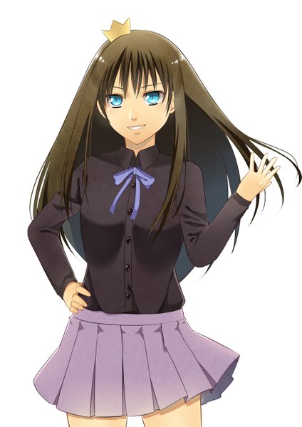 Anime picture 1979x2800 with noragami studio bones yato (noragami) iki hiyori tagme (artist) single long hair tall image looking at viewer highres blue eyes simple background smile brown hair white background hand on hip girl skirt ribbon (ribbons) shirt