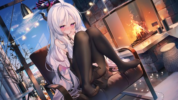 Anime picture 3840x2160 with blue archive hina (blue archive) chen bin single long hair looking at viewer blush fringe highres light erotic hair between eyes wide image sitting absurdres sky silver hair cloud (clouds) full body ahoge bent knee (knees)