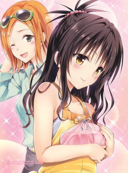 Anime picture 1630x2202 with toloveru toloveru darkness xebec yuuki mikan yabuki kentarou long hair tall image blush black hair smile multiple girls brown eyes black eyes scan orange hair official art sunglasses on head sunglasses removed girl 2 girls