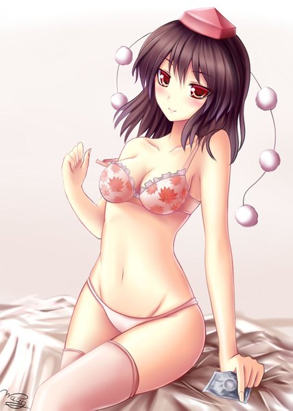 Anime picture 1039x1459 with touhou shameimaru aya walzrj single tall image short hair light erotic black hair simple background red eyes underwear only girl thighhighs navel underwear panties white thighhighs tokin hat