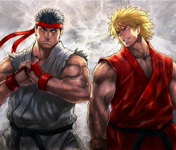 Anime picture 1000x854 with street fighter ryu (street fighter) ken masters ryuu (street fighter) boyaking(sbf) short hair black hair simple background blonde hair grey background muscle fighting stance boy hairband