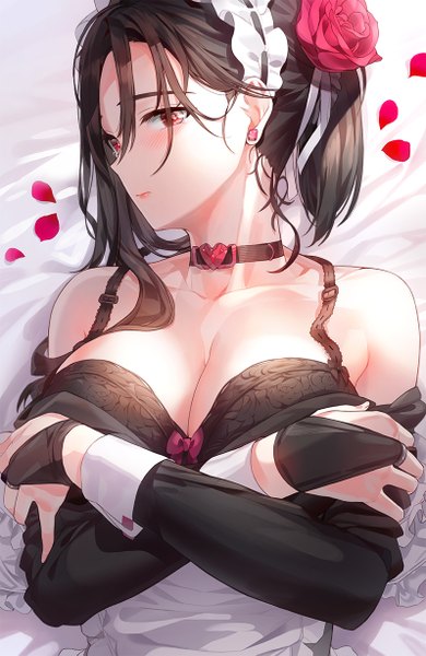 Anime picture 798x1225 with original kfr single long hair tall image looking at viewer blush fringe breasts light erotic black hair hair between eyes red eyes large breasts bare shoulders cleavage upper body ponytail lying hair flower