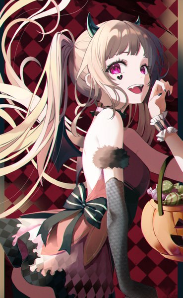 Anime picture 3490x5675 with original eumi 114 single long hair tall image looking at viewer fringe highres open mouth simple background smile standing twintails payot absurdres nail polish :d pink eyes arm up horn (horns)