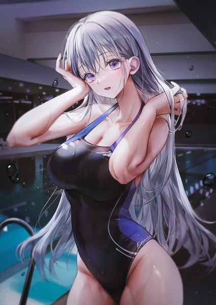 Anime picture 1500x2122 with original minncn single long hair tall image looking at viewer fringe breasts open mouth light erotic hair between eyes large breasts standing purple eyes cleavage indoors head tilt grey hair arms up wet