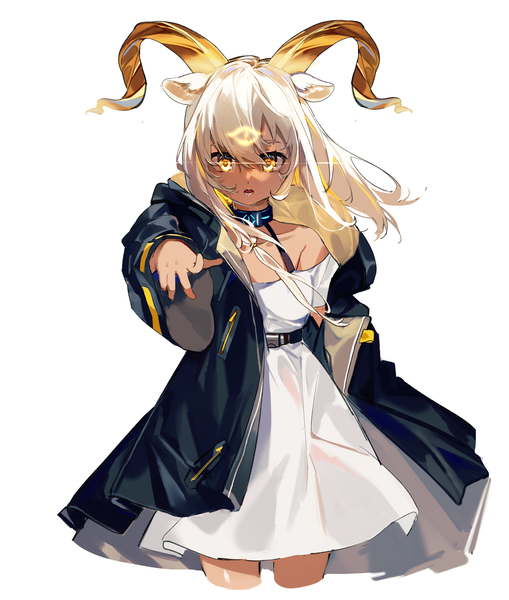 Anime picture 2800x3300 with arknights beeswax (arknights) karasu btk single long hair tall image looking at viewer fringe highres simple background blonde hair hair between eyes standing white background animal ears yellow eyes horn (horns) open jacket dark skin pointing at viewer