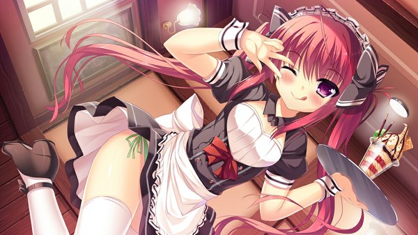 Anime-Bild 1000x562 mit original tonchan single long hair looking at viewer light erotic wide image purple eyes twintails red hair one eye closed wink maid :p girl thighhighs uniform bow hair bow white thighhighs