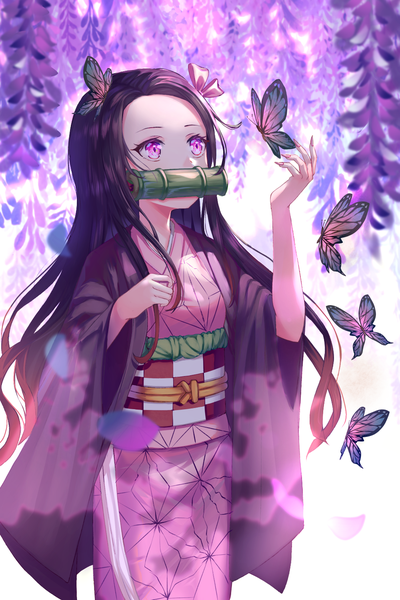 Anime picture 1000x1500 with kimetsu no yaiba ufotable kamado nezuko ruda (ruda e) single long hair tall image blush breasts black hair simple background standing white background looking away long sleeves nail polish traditional clothes japanese clothes pink eyes multicolored hair