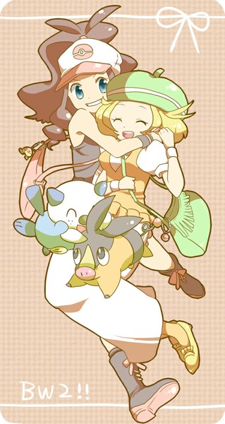 Anime picture 600x1127 with pokemon pokemon black and white nintendo hilda (pokemon) oshawott tepig bianca (pokemon) nago celica long hair tall image short hair open mouth blue eyes blonde hair smile brown hair bare shoulders multiple girls ponytail eyes closed