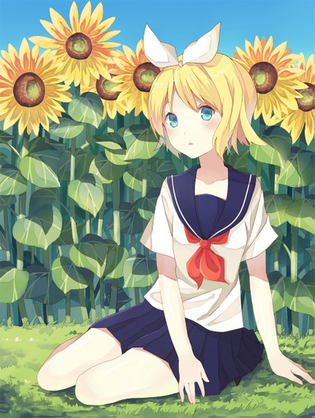 Anime picture 911x1207 with vocaloid kagamine rin nagitoki single tall image looking at viewer blush short hair blue eyes blonde hair sitting sky girl uniform flower (flowers) bow hair bow serafuku sunflower