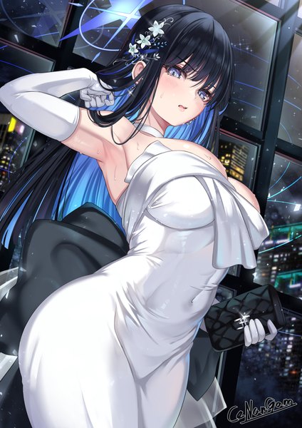 Anime picture 1765x2500 with blue archive saori (blue archive) saori (dress) (blue archive) cenangam single long hair tall image looking at viewer blush fringe highres breasts open mouth light erotic hair between eyes large breasts standing holding signed blue hair
