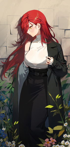 Anime picture 1606x3379 with original maenoo single long hair tall image blush fringe light erotic hair between eyes standing yellow eyes red hair long sleeves nail polish profile fingernails off shoulder open clothes piercing looking down