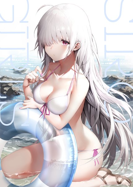 Anime picture 858x1200 with original iori (cpeilad) single long hair tall image looking at viewer blush fringe breasts light erotic sitting bare shoulders cleavage silver hair ahoge outdoors nail polish pink eyes fingernails hair over one eye