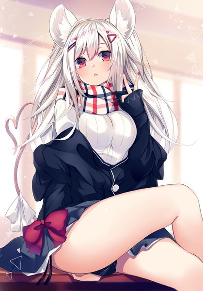 Anime picture 1458x2088 with original kurebayashi noe single long hair tall image looking at viewer blush fringe breasts open mouth hair between eyes red eyes sitting animal ears payot white hair indoors tail long sleeves nail polish