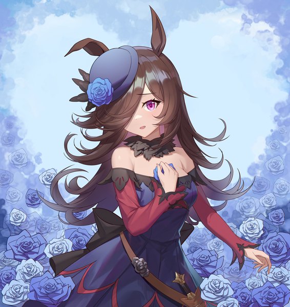 Anime picture 5000x5302 with umamusume rice shower (umamusume) tutuxia single long hair tall image fringe highres brown hair purple eyes animal ears looking away absurdres hair over one eye horse ears floral background girl dress flower (flowers) hat