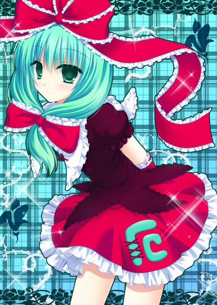 Anime picture 1225x1717 with touhou kagiyama hina shimotsuki keisuke single long hair tall image green eyes green hair girl dress skirt bow ribbon (ribbons) hair bow skirt set