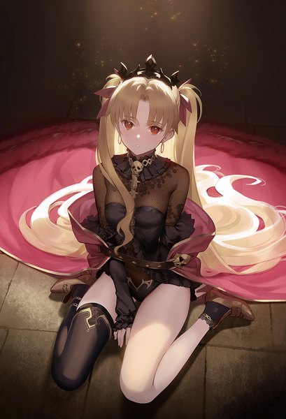 Anime picture 1000x1466 with fate (series) fate/grand order ereshkigal (fate) siino single tall image looking at viewer blush fringe breasts light erotic simple background red eyes sitting full body very long hair parted lips from above two side up wariza