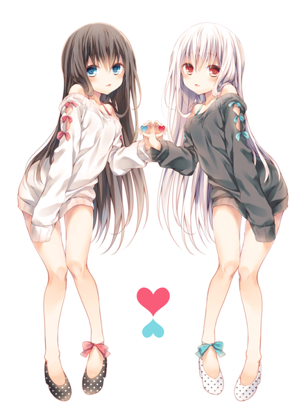 Anime picture 965x1313 with original kasako (kasu) komeshiro kasu long hair tall image looking at viewer blush blue eyes simple background red eyes brown hair white background bare shoulders multiple girls holding white hair bare legs girl 2 girls shoes