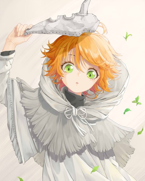 Anime picture 1609x2000 with yakusoku no neverland cloverworks emma (yakusoku no neverland) monko (liangliang) single tall image looking at viewer blush fringe short hair open mouth simple background hair between eyes holding green eyes upper body ahoge orange hair grey background wide sleeves