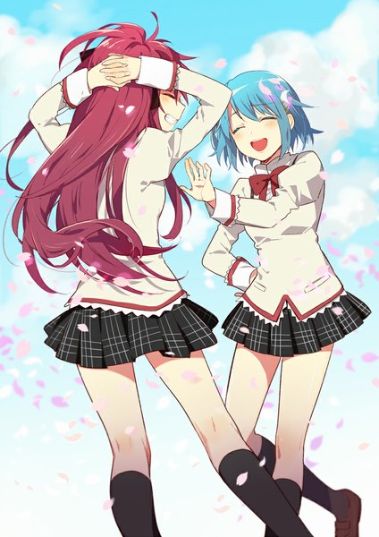 Anime picture 728x1031 with mahou shoujo madoka magica shaft (studio) sakura kyouko miki sayaka karuha long hair tall image fringe short hair open mouth blue hair sky cloud (clouds) red hair eyes closed from behind teeth from below hand on hip back