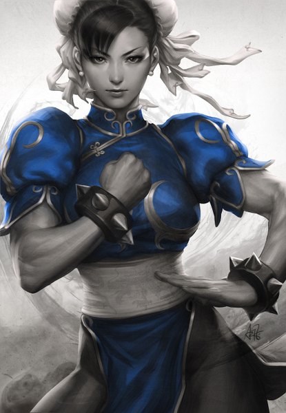 Anime picture 900x1300 with street fighter capcom chun-li artgerm (stanley lau) single tall image looking at viewer short hair simple background standing white background signed lips realistic hair bun (hair buns) puffy sleeves monochrome side slit muscle fighting stance