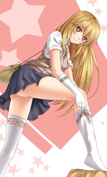 Anime picture 1200x1980 with to aru kagaku no railgun to aru majutsu no index j.c. staff shokuhou misaki chien zero single long hair tall image blush light erotic blonde hair yellow eyes pantyshot symbol-shaped pupils + + girl thighhighs skirt gloves uniform