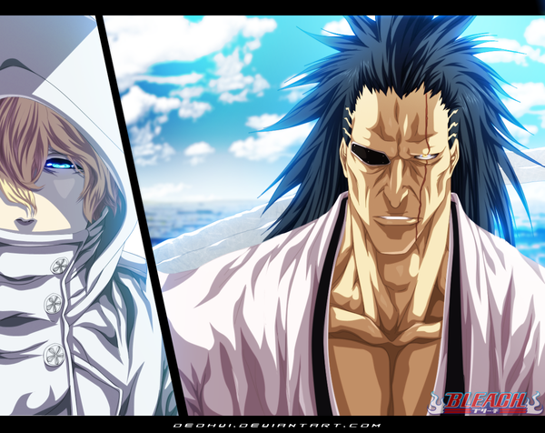 Anime picture 1200x952 with bleach studio pierrot zaraki kenpachi deohvi long hair fringe short hair blue eyes black hair blonde hair yellow eyes sky cloud (clouds) sunlight hair over one eye inscription coloring watermark letterboxed scar