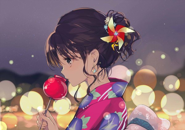 Anime picture 1500x1060 with original gin (oyoyo) single blush fringe short hair brown hair holding brown eyes payot looking away upper body outdoors traditional clothes japanese clothes profile night night sky lens flare girl