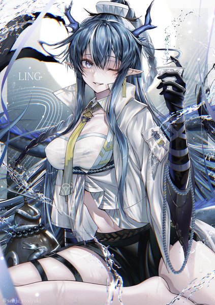 Anime picture 1957x2776 with arknights ling (arknights) senju yosiyuki single long hair tall image looking at viewer fringe highres blue eyes light erotic hair between eyes signed blue hair one eye closed horn (horns) pointy ears wink character names twitter username