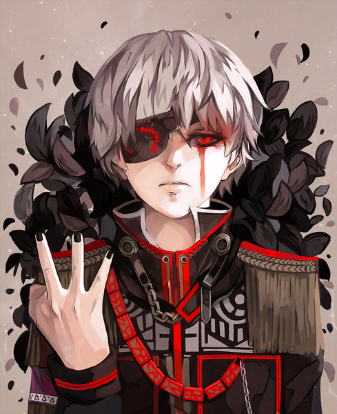 Anime picture 900x1104 with tokyo ghoul studio pierrot kaneki ken 1mio single tall image short hair red eyes nail polish grey hair bloody tears boy leaf (leaves) chain eyepatch