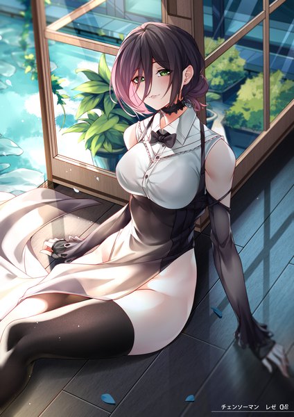 Anime picture 2894x4093 with chainsaw man mappa reze (chainsaw man) egoist-001 single tall image looking at viewer blush fringe highres short hair breasts light erotic black hair hair between eyes large breasts sitting bare shoulders green eyes payot