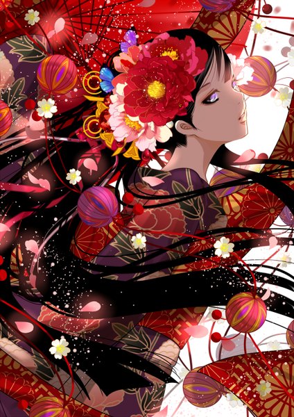 Anime picture 1000x1414 with original nanahara single tall image black hair purple eyes looking away very long hair traditional clothes japanese clothes girl hair ornament flower (flowers) ribbon (ribbons) kimono insect butterfly umbrella kanzashi