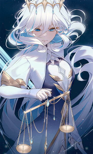 Anime picture 1216x2000 with genshin impact focalors (genshin impact) orecalc3092 single tall image fringe blue eyes hair between eyes holding white hair very long hair sparkle looking down spoilers girl dress crown weighing scale