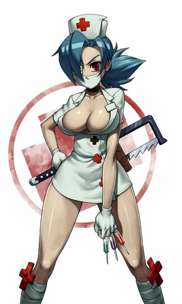 Anime picture 1024x1711 with skullgirls valentine (skullgirls) single tall image short hair breasts light erotic red eyes large breasts blue hair nurse girl gloves mask eyepatch nurse cap syringe