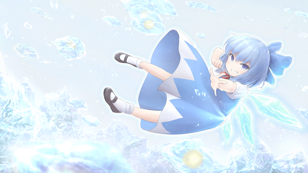 Anime picture 2573x1447 with touhou cirno wamu (chartreuse) single looking at viewer highres short hair blue eyes smile wide image blue hair full body grin >:) danmaku girl dress bow hair bow wings
