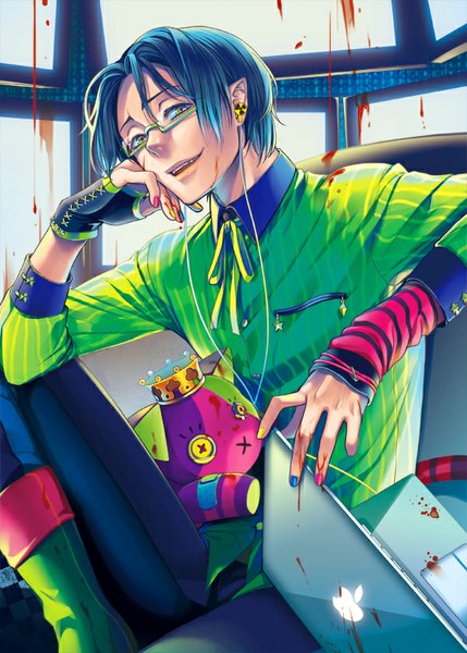 Anime picture 600x839 with original apple inc. okeya (ol23) single tall image looking at viewer short hair open mouth sitting green eyes blue hair nail polish lips teeth product placement boy gloves earrings boots fingerless gloves