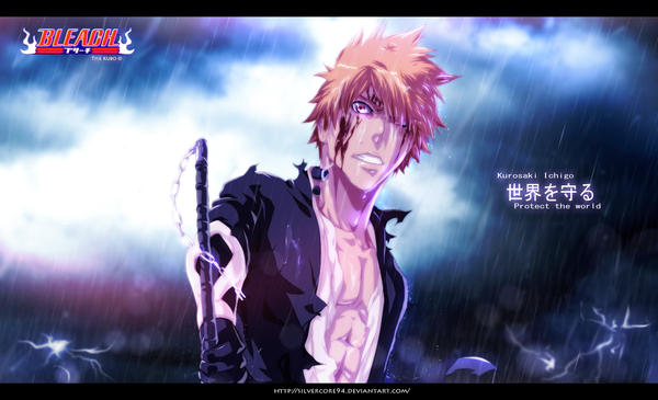 Anime picture 1682x1024 with bleach studio pierrot kurosaki ichigo silvercore94 single short hair wide image traditional clothes japanese clothes one eye closed pink eyes wink orange hair inscription coloring torn clothes hieroglyph rain muscle lightning