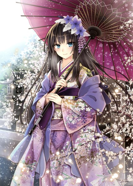 Anime picture 2499x3500 with original an2a single long hair tall image looking at viewer blush highres blue eyes black hair traditional clothes japanese clothes hair flower scan official art girl hair ornament flower (flowers) umbrella oriental umbrella