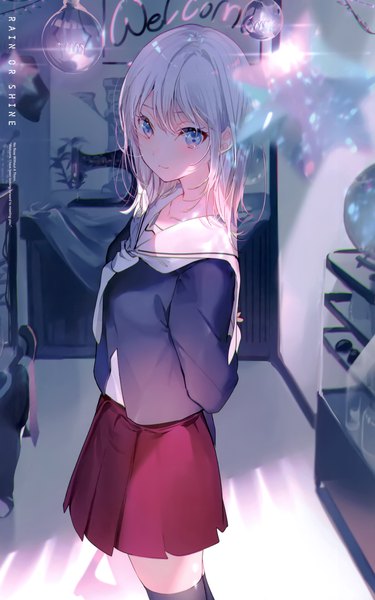 Anime picture 1865x2987 with original miwano rag single tall image looking at viewer blush fringe highres short hair breasts blue eyes smile standing silver hair indoors long sleeves pleated skirt blurry scan sparkle