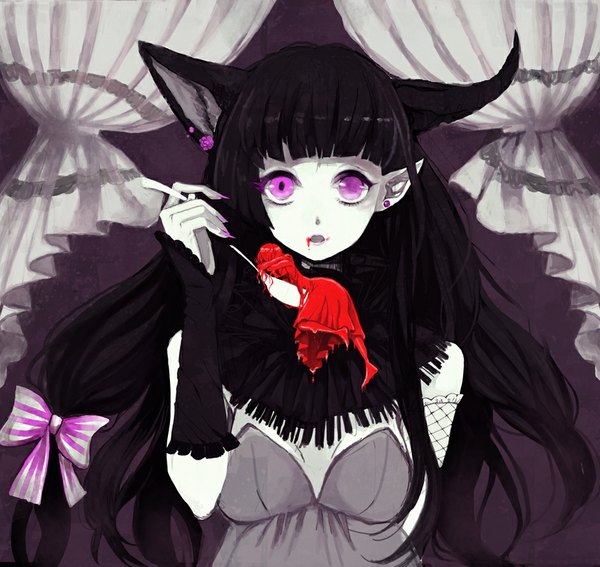 Anime picture 943x892 with clona long hair looking at viewer fringe open mouth black hair multiple girls animal ears nail polish pink eyes horn (horns) fingernails pale skin long fingernails pink nail polish girl dress bow 2 girls hair bow