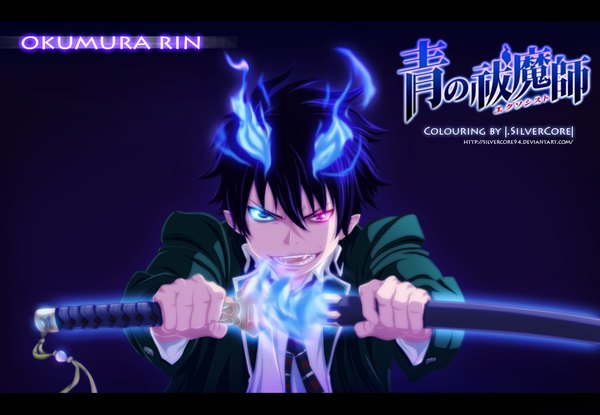 Anime picture 1300x900 with ao no exorcist a-1 pictures okumura rin silvercore94 single short hair open mouth blue eyes black hair simple background smile pink eyes pointy ears inscription teeth heterochromia coloring magic blue background sharp teeth