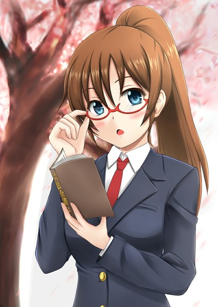 Anime picture 800x1130 with original fuuma nagi single long hair tall image looking at viewer blush open mouth blue eyes brown hair ponytail cherry blossoms girl uniform plant (plants) school uniform tree (trees) glasses book (books)